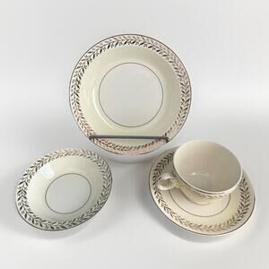 Taylor Smith & Taylor “Daphne” Cream Gold Set 8” Bowl 5” Bowl Teacup and Saucer